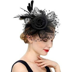 Fascinators Hat Flower Mesh Ribbons Feathers on a Headband and a Clip for Women